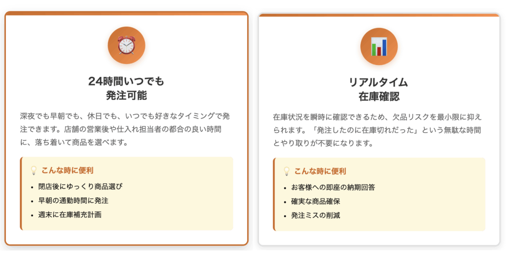 KIMONOHUBの登録後すぐに使える便利機能、２４時間発注とリアルタイム在庫確認