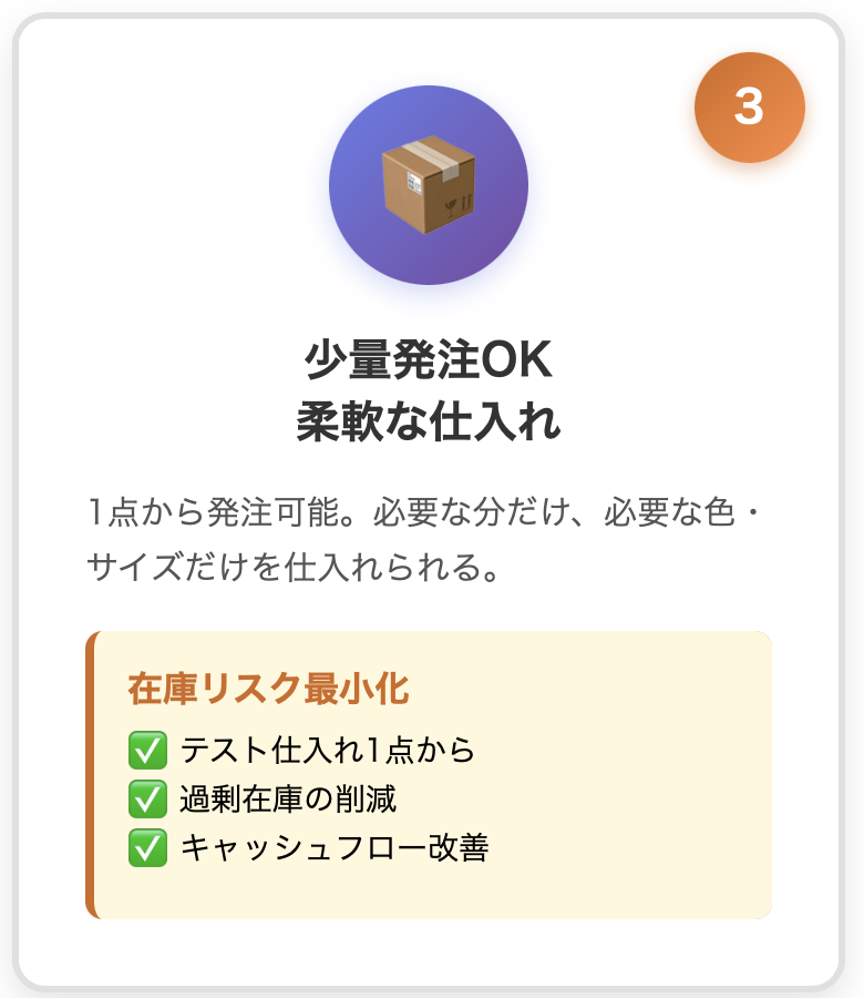 理由③: 少量発注OK・柔軟な仕入れ