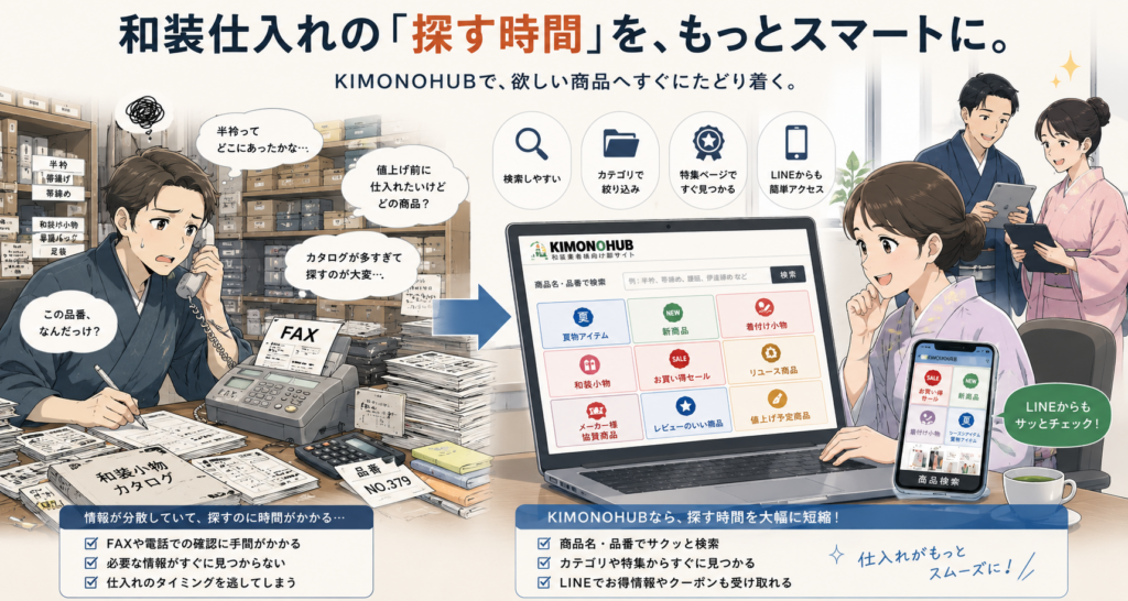 和装仕入れの課題 ＋ BtoB ECデータ
和装仕入れの探す時間をもっとスマートに