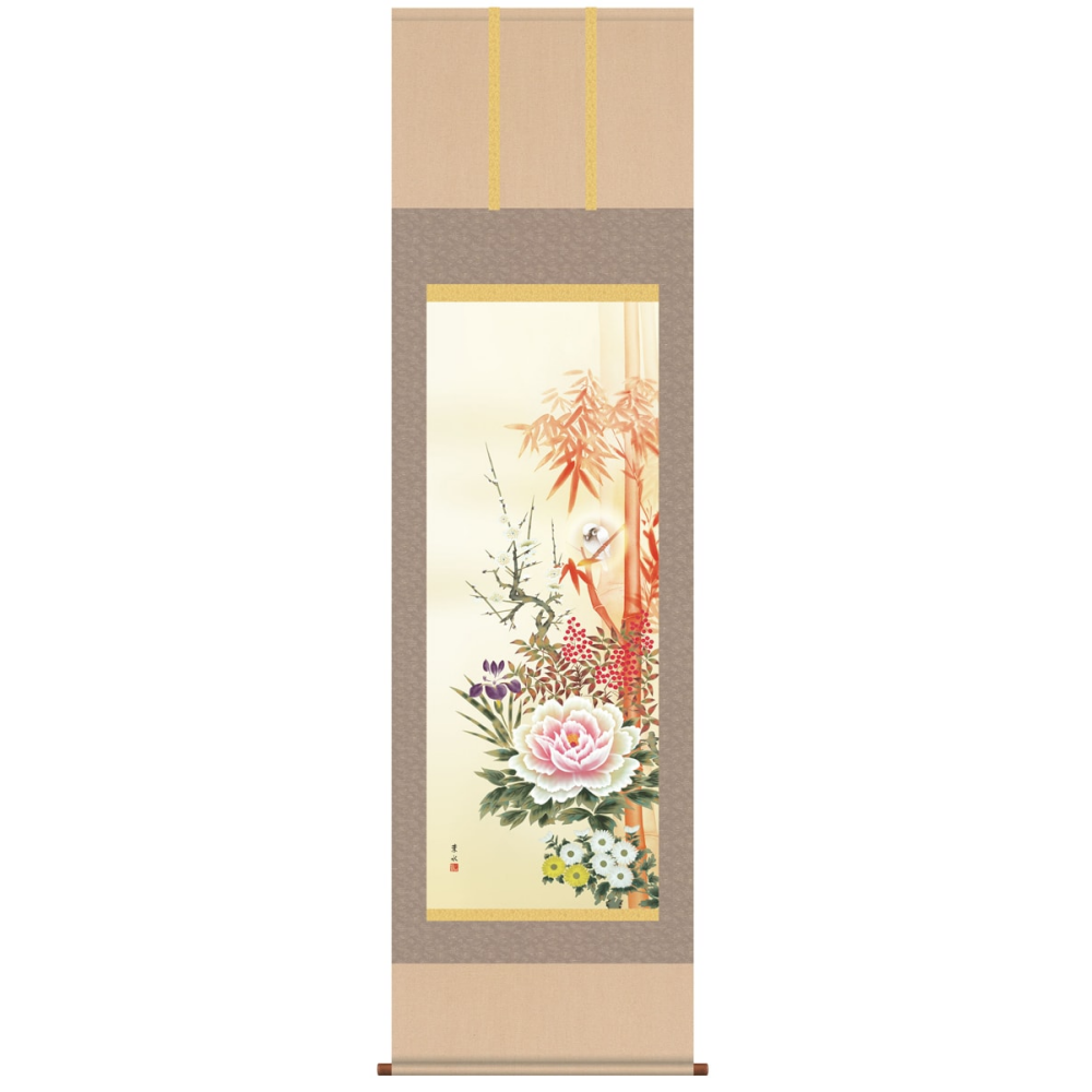 掛け軸 / 販売 尺三立 四季花吉祥競艶図 緒方 葉水 吉祥画 開運画 年中掛け