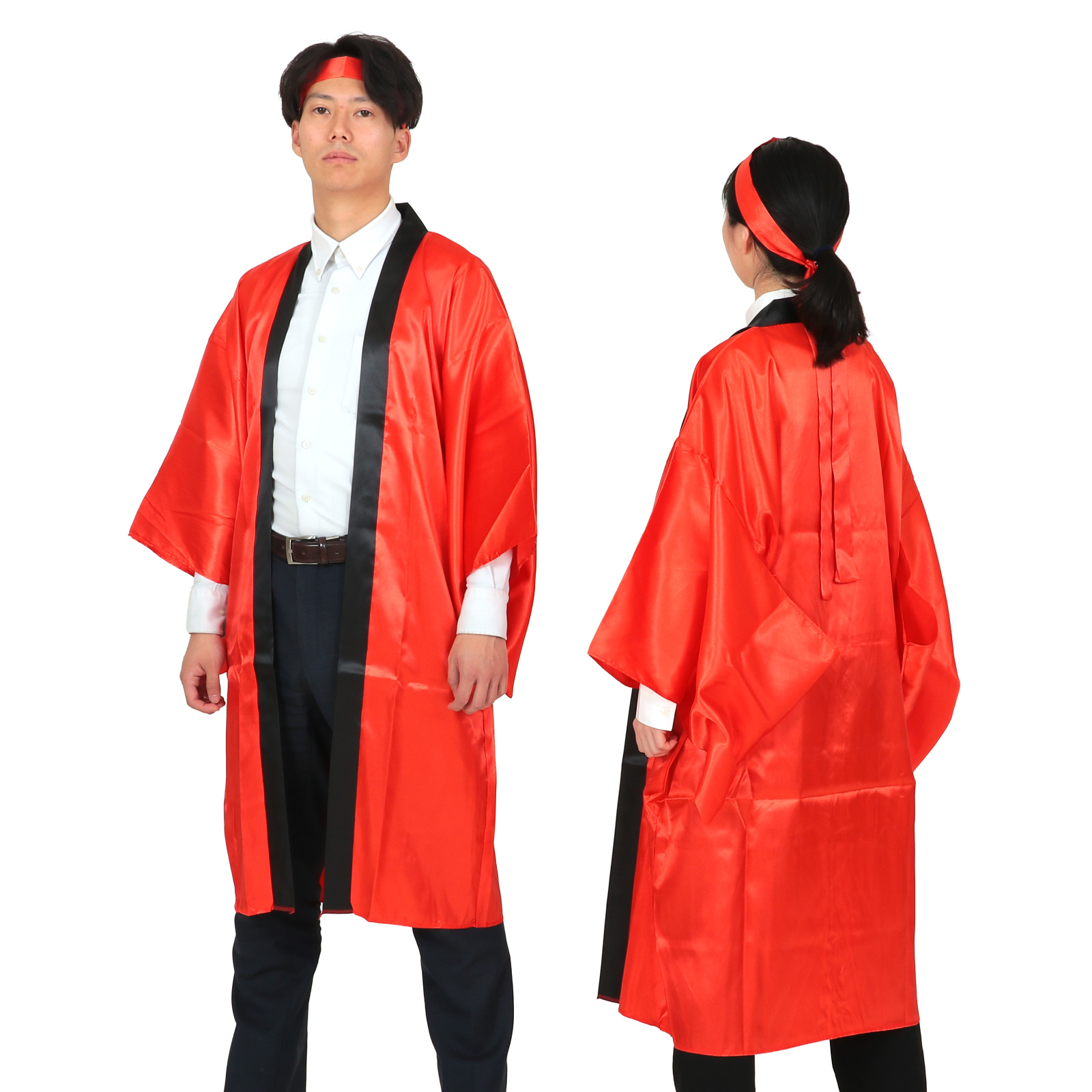 はっぴ / ソフトサテンロングハッピ 袖付 レッド Lサイズ はちまき付き2点セット はちまき170cm 14559