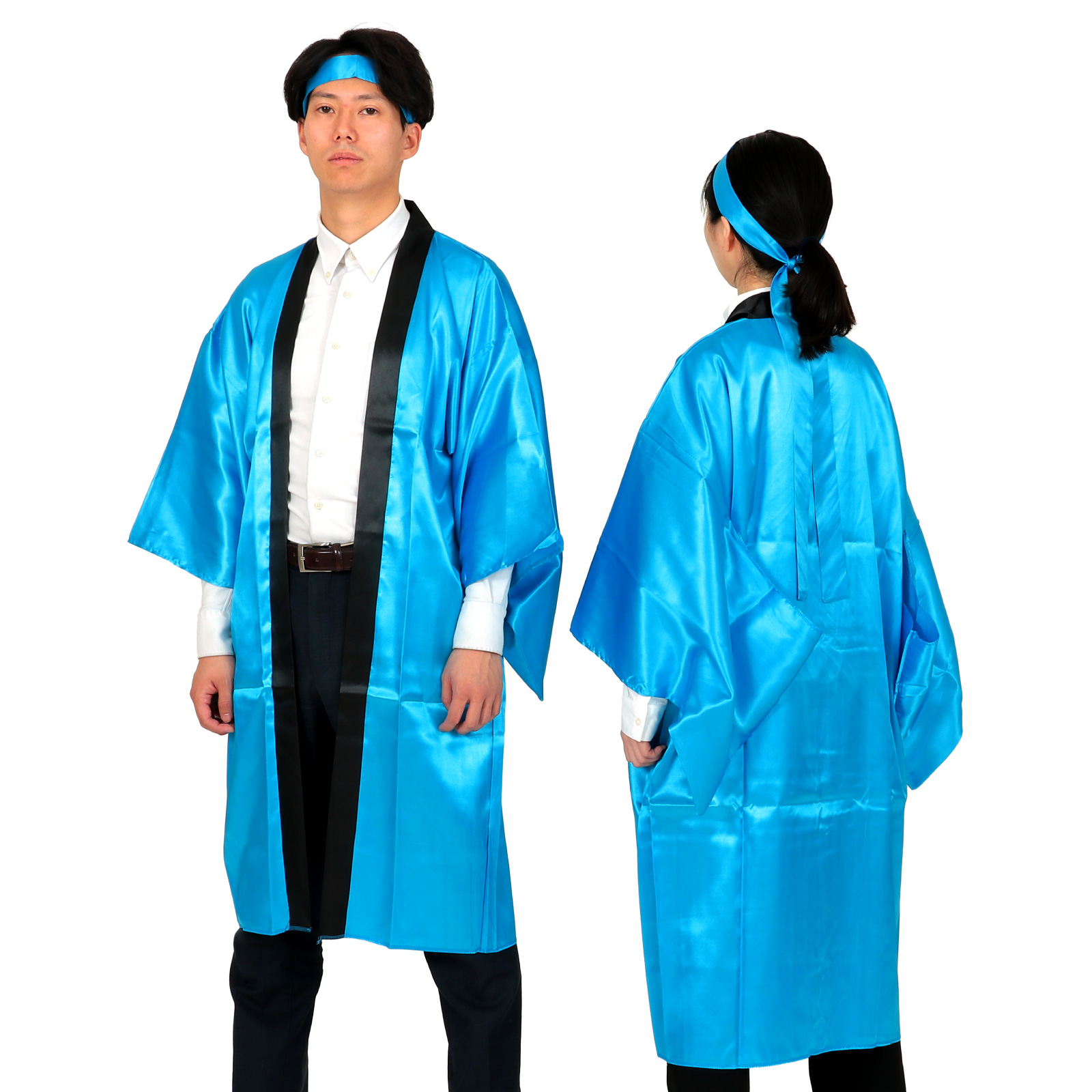 はっぴ / ソフトサテンロングハッピ 袖付 ブルー Lサイズ はちまき付き2点セット はちまき155cm 18602