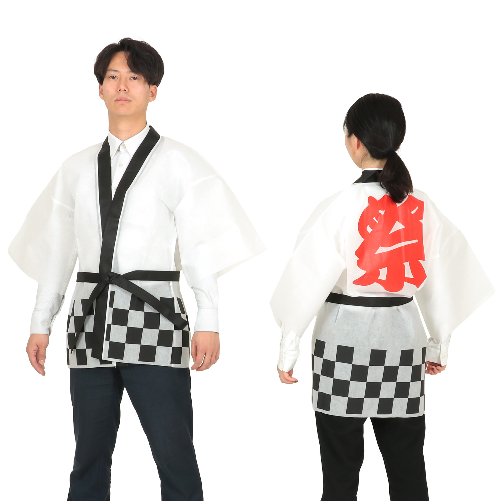 はっぴ / カラー不織布ハッピ 祭 市松柄 白 L 単品 18687