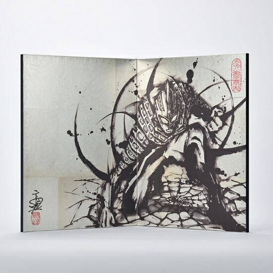銀屏風 / 国産 日本製 屏風 錫箔二曲屏風 武人画 ウルトラセブン 墨絵 全国送料・代引き手数料無 お急ぎの場合はお問い合わせください 屏風錫箔二曲屏風武人画ウルトラセブン墨絵銀屏風料無