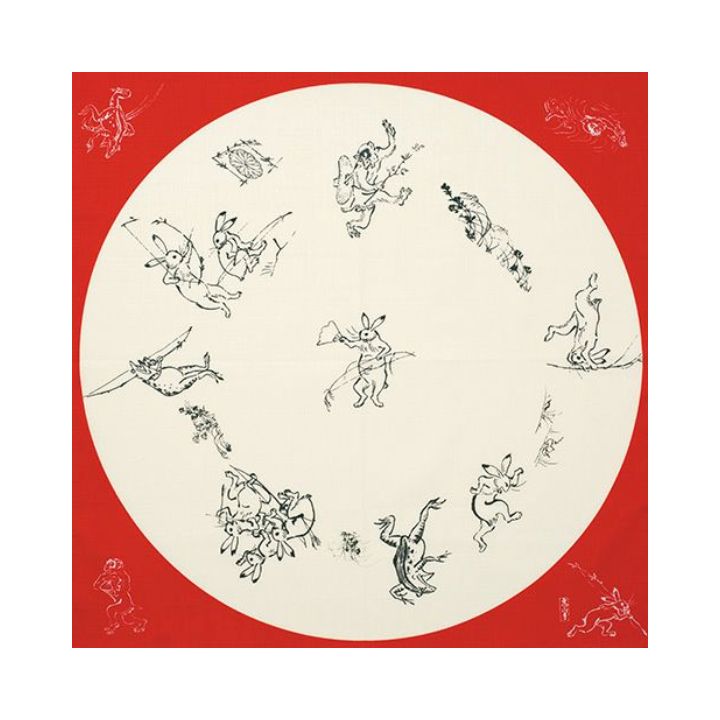 風呂敷 / 68cm 鳥獣戯画 帯付 綿 鳥獣人物戯画 海外 土産 日本製