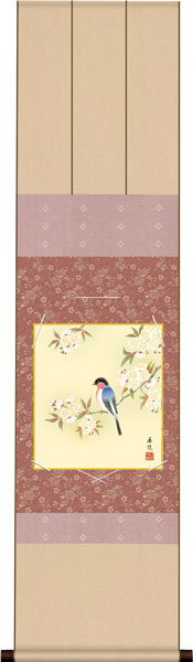 色紙掛け / 花鳥画 春飾り 桜に瑠璃鳥 紙色セット 衣笠緞子色短掛