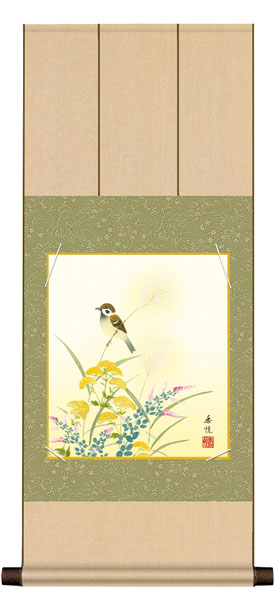 色紙掛け / 花鳥画 秋飾り 秋草に雀 紙色セット 八坂緞子色紙掛