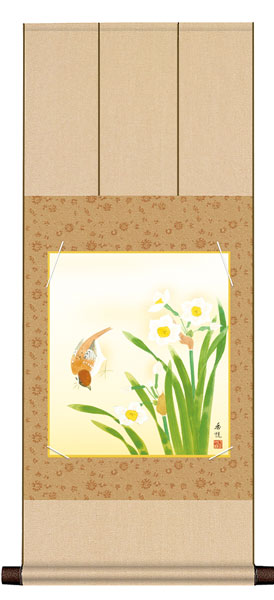 色紙掛け / 花鳥画 冬飾り 水仙 紙色セット 八坂緞子色紙掛