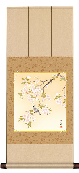 色紙掛け / 花鳥画 春飾り 桜に小鳥 紙色セット 八坂緞子色紙掛