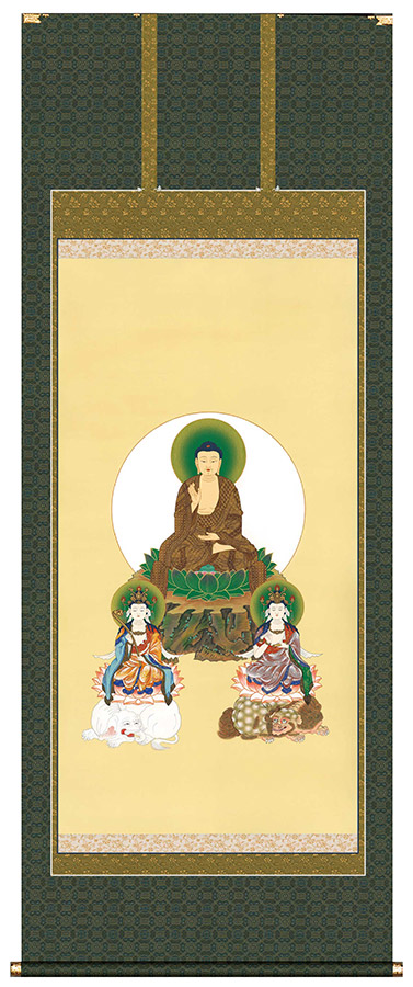 掛け軸 / 仏事 釈迦三尊図 床の間 おしゃれ 壁掛け 絵 87.3cm×215cm