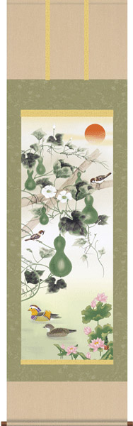掛け軸 / 販売 縁起開運 六瓢息災鴛鴦図 井原 蒼竹 夏用掛軸 吉祥画 花鳥画 瓢箪 ひょうたん