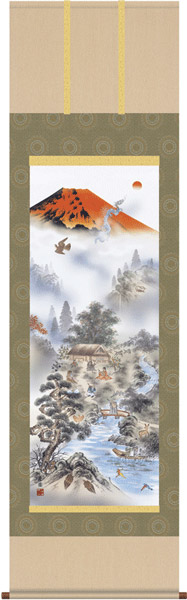 掛け軸 / 床の間 縁起開運 赤富士四神万全図 有馬 荘園 掛軸販売