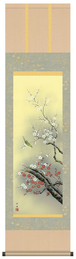 掛け軸 受注生産 / 尺三立 紅白梅に鶯 田村 竹世 花鳥画 季節掛け 冬向け 短い掛軸  納期最短で約１５日程 