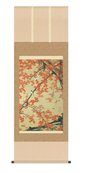 掛け軸 / 伊藤 若冲 紅葉小禽図 尺五アンドン幅54.5×高さ約153cm 名画複製画