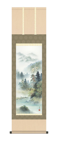 掛け軸 / 中山 雪邨 三美会 深緑涼風 尺三立幅44.5×高さ約164cm 山水画 彩色山水