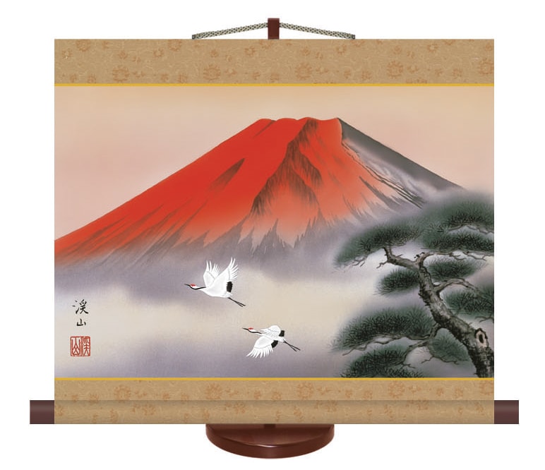 掛け軸 / 山水画ミニ掛軸 赤富士飛翔 伊藤 渓山 ミニサイズなので玄関にも 年中掛け