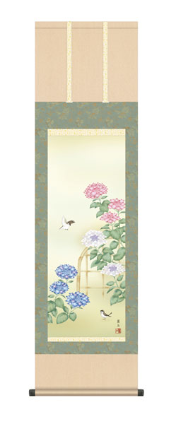 掛け軸 / 高見 蘭石 三美会 紫陽花 尺三立幅44.5×高さ約164cm 花鳥画 夏掛け