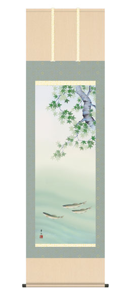 掛け軸 / 楓に鮎 緒方葉水 清瀧会 尺五立幅54.5×高さ約190cm 四季花鳥揃
