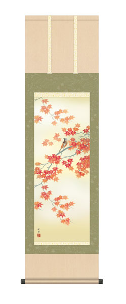 掛け軸 / 田村 竹世 三美会 紅葉に小鳥 尺三立幅44.5×高さ約164cm 花鳥画 秋掛け