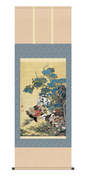 掛け軸 / 伊藤 若冲 紫陽花双鶏図 尺五アンドン幅54.5×高さ約153cm 名画複製画