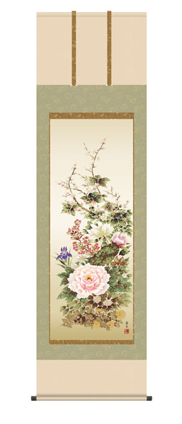 掛け軸 / 名花繚乱 吉井蘭月 曉山会 尺五立幅54.5×高さ約190cm 花鳥画 年中掛け