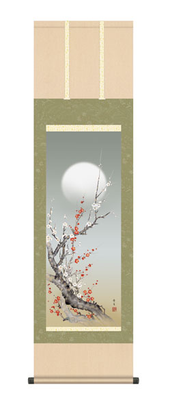 掛け軸 / 北山 歩生 三美会 朧月紅白梅 尺三立幅44.5×高さ約164cm 花鳥画 春掛け