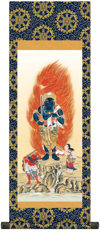 掛け軸 / 仏事 不動明王 田村 化粧箱 金襴本表装 床の間 おしゃれ 壁掛け 絵 80cm×28cm