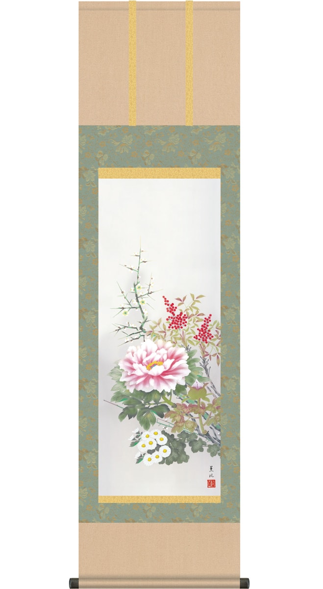 掛け軸 受注生産 / 尺三立 四季花 幸田 薫風 花鳥画 年中掛け 贈答用  納期最短で約１５日程 