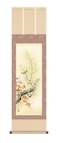 掛け軸 / 田村 竹世 三美会 紅白梅に鶯 尺三立幅44.5×高さ約164cm 花鳥画 春掛け