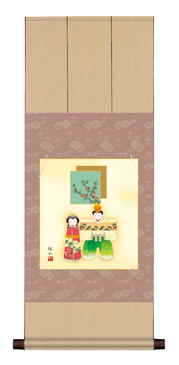 色紙掛け / 八坂緞子色紙掛 吉祥雛 奥居 佑山 お雛様 節句掛軸 雛人形 ひな祭り 初節句の贈り物 桃の節句の床の間に