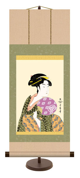 和風モダン掛け / 喜多川 歌麿 団扇を持つおひさ 浮世絵 美人画 掛け軸スタンド付き