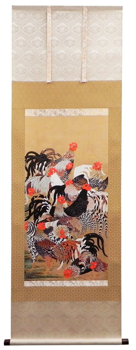 掛け軸 / 郡鶏図 ぐんけいず 伊藤若冲 いとうじゃくちゅう 3点セット 風鎮 防虫香 桐箱 複製画