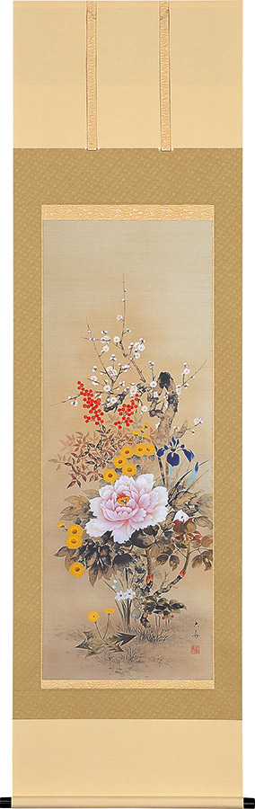 掛け軸 / 四季花 石田大寿 尺五立 54.5×190cm 桐箱収納 年中掛け ギフト 贈答品
