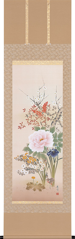 掛け軸 / 四季花 富岡 蘇峰 尺五立 190×54.5cm 年中掛け 四季折々の花 季節 花鳥画