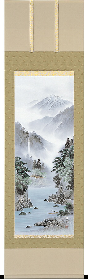 掛け軸 / 淡彩山水 大山久司 尺五立 54.5×190cm 桐箱収納 年中掛け 彩色 風景
