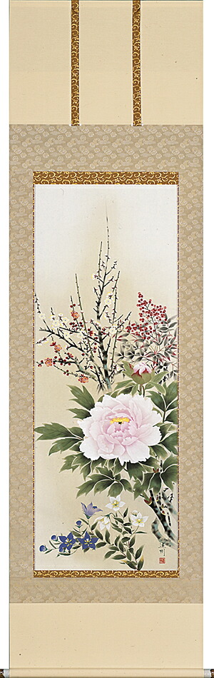 掛け軸 / 四季花 中村 遠州 花鳥画 日本画 年中掛け 贈答用 新築御祝 落成祝い