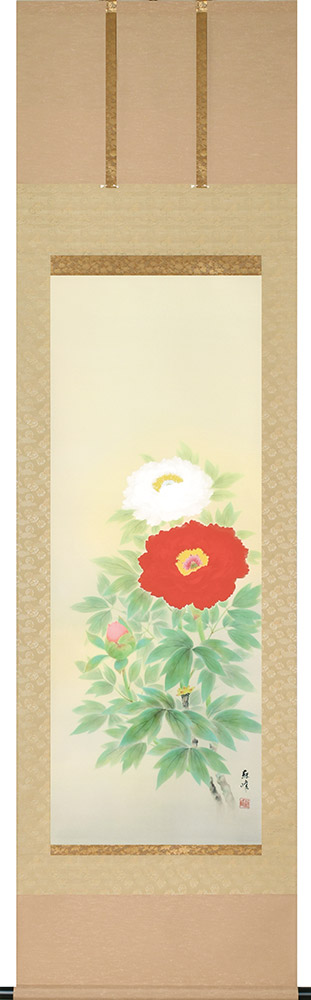 掛け軸 / 紅白牡丹 富岡蘇峰 尺五立 54.5×190cm 桐箱収納 春掛け 夏掛け 年中掛け ギフト 贈答品