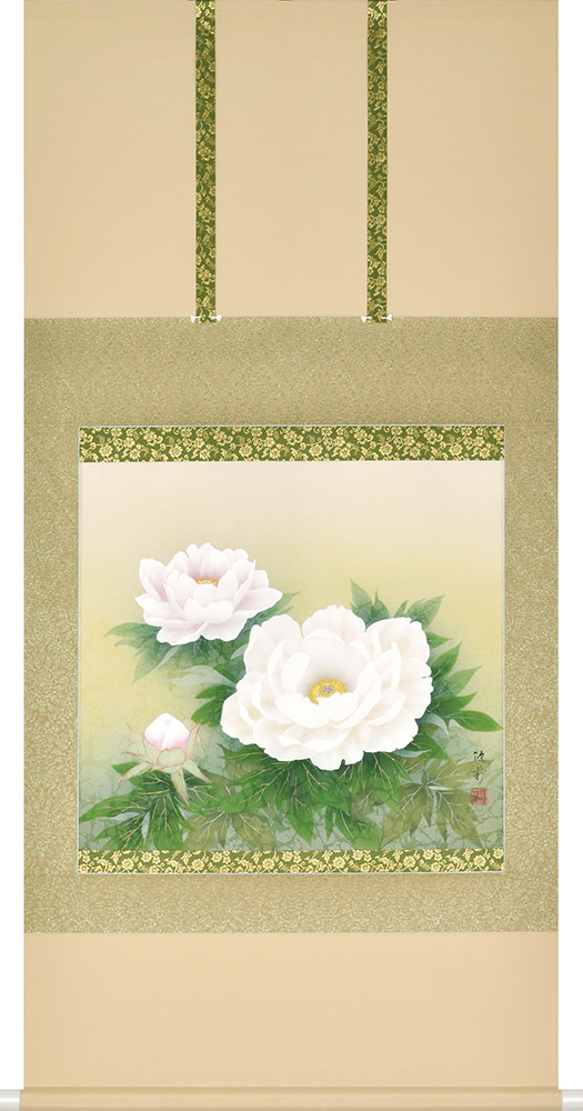 掛け軸 / 牡丹 鈴木優莉 尺八横 68×137cm ＜太巻桐箱収納＞ 年中掛け