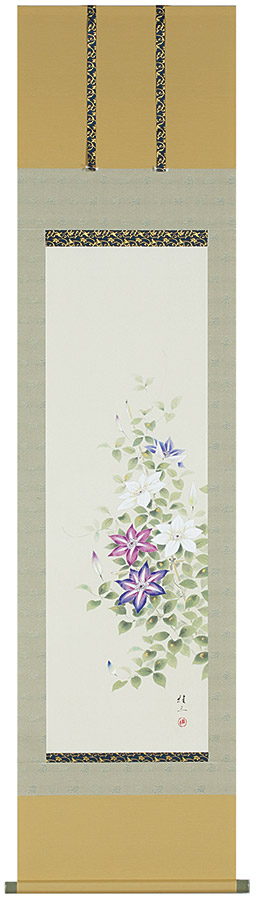 掛け軸 / 鉄線花 佐藤桂三 半切立 47×190cm 桐箱収納 季節掛け ギフト 贈答品