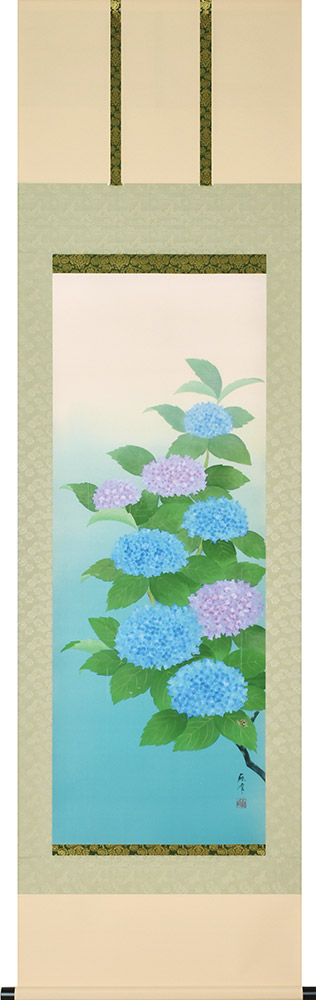 掛け軸 / 紫陽花に蝸牛 富岡蘇峰 尺五立 54.5×190cm 桐箱収納 春掛け 新築祝 ギフト 贈答品