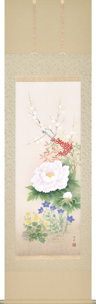掛け軸 / 四季花 鈴木優莉 尺五立 54.5×190cm ＜太巻桐箱収納＞ 年中掛け