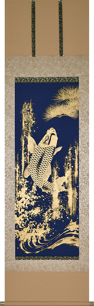 掛け軸 / 本金押箔 金鱗龍門 奥田久志 尺五立 53×190cm 太巻桐箱収納