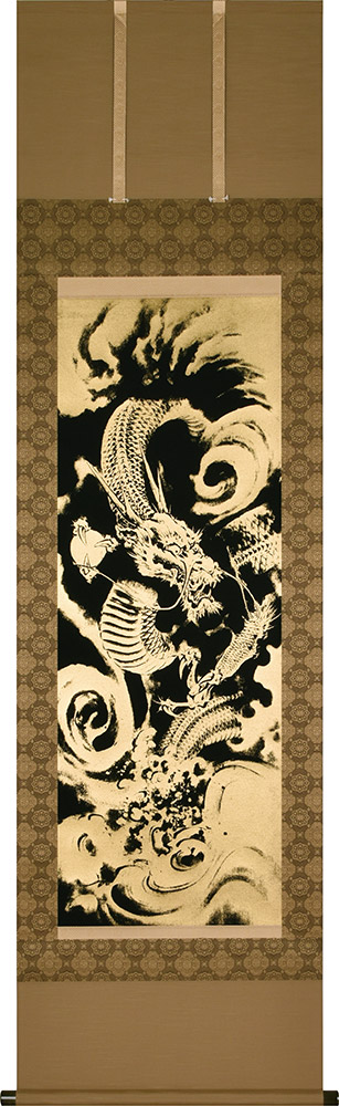 掛け軸 / 本金押箔 開運金龍 奥田久志 尺五立 53×190cm 太巻桐箱収納