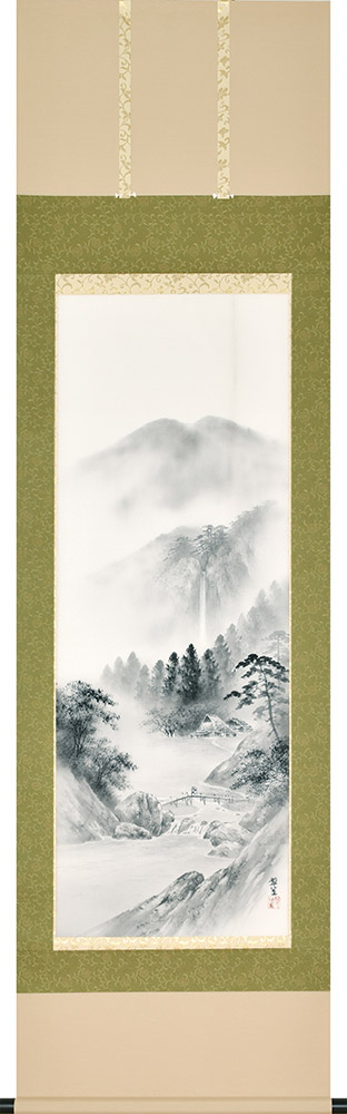 掛け軸 / 水墨山水 塩川翠笙 尺五立 54.5×190cm 桐箱収納 年中掛け 山水画