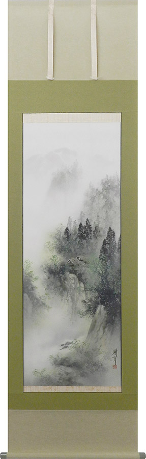 掛け軸 / 彩色山水 中沢樹芳 尺五立 54.5×190cm 桐箱収納 年中掛け 風景