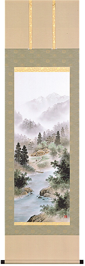 掛け軸 / 彩色山水 太田瑛弥 尺五立 54.5×190cm 桐箱収納 年中掛け 風景