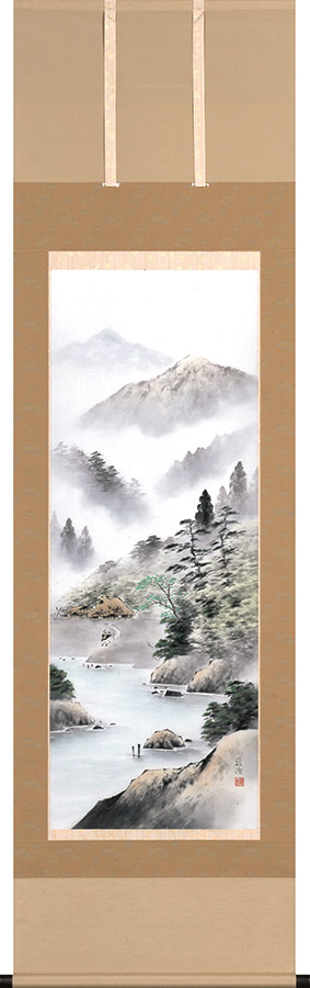 掛け軸 / 彩色山水 斉藤道治 尺五立 54.5×190cm 桐箱収納 年中掛け 風景