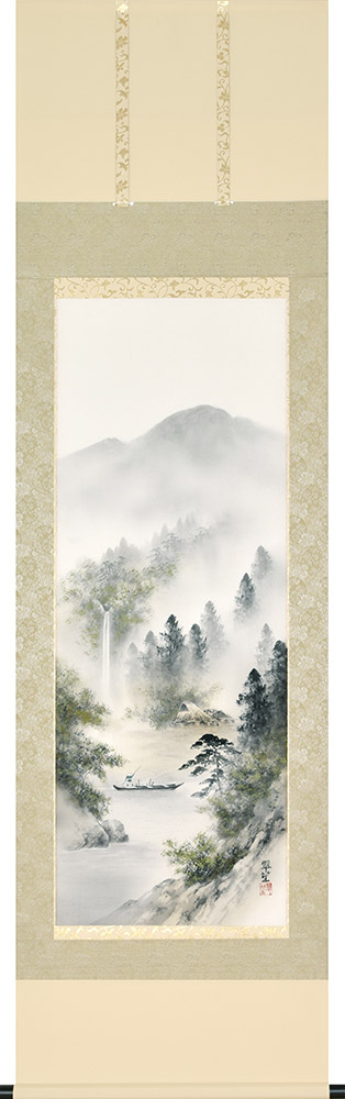 掛け軸 / 彩色山水 塩川翠笙 尺五立 54.5×190cm 桐箱収納