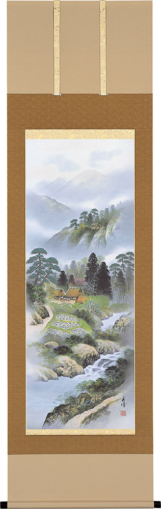 掛け軸 / 四神相応山水図 国関秀峰 尺五立 54.5×190cm 桐箱収納