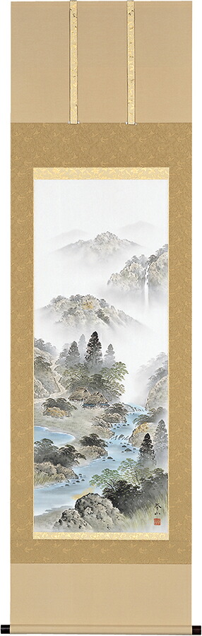 掛け軸 / 四神相応山水図 木村挙山 尺五立 54.5×190cm 桐箱収納 年中掛け 彩色 風景